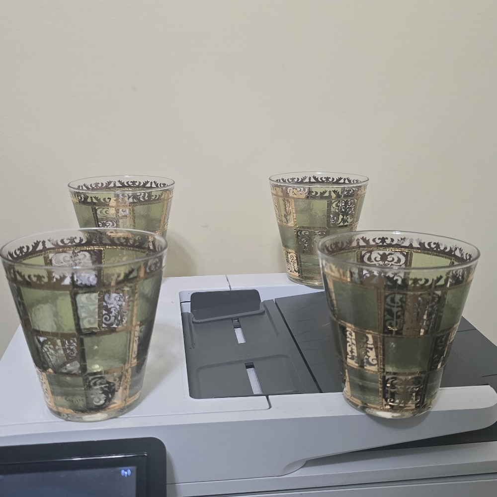Culver Prado Green 22k Gold Lowball Rocks Whiskey Glasses Mid Century Barware X4